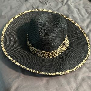 Leopard Trim Black Wide Brim Hat